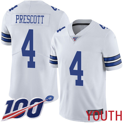 Youth Dallas Cowboys Limited White Dak Prescott Road 4 100th Season Vapor Untouchable NFL Jersey